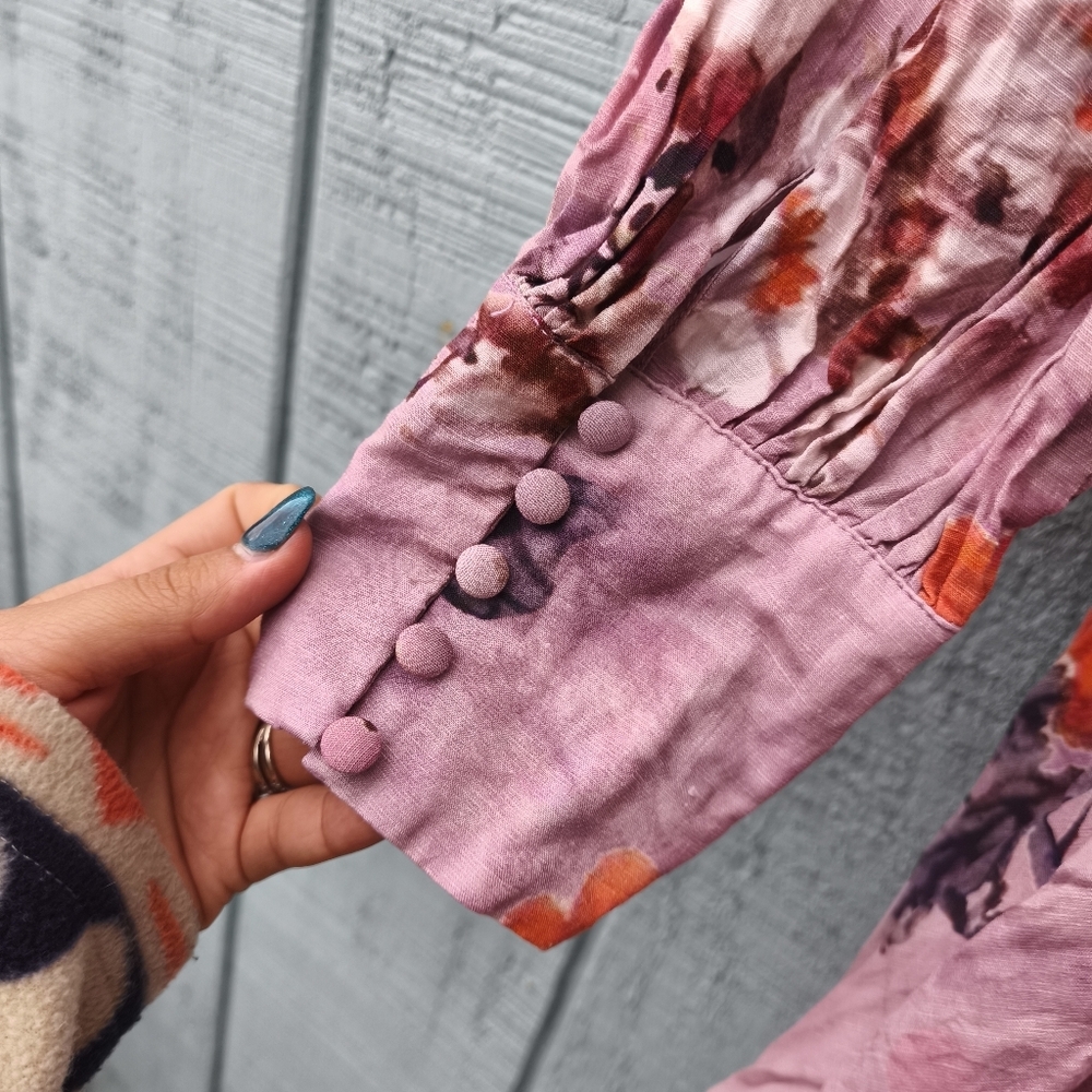 RARE Bardot Lila Linen Corset Puff Sleeve Floral Mini Dress sz 12 Mauve Milkmaid - Picture 12 of 16